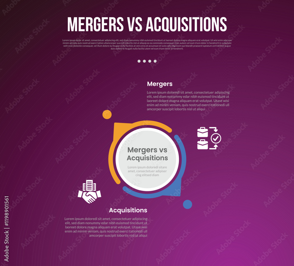 Fototapeta premium business mergers vs acquisitions infographic for comparison data with big circle center and creative small arrow outline with modern dark gradient style background with 2 point information