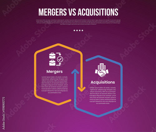 business mergers vs acquisitions infographic for comparison data with outline box arrow opposite direction with modern dark gradient style background with 2 point information