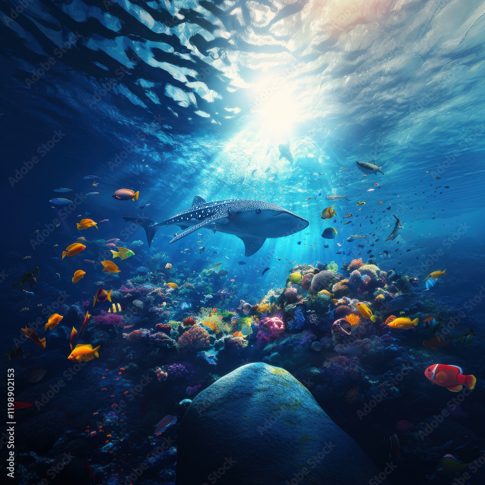 Obraz premium Whale shark around coral reef with fish