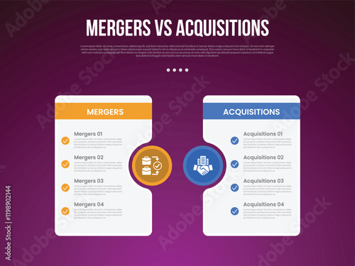 business mergers vs acquisitions infographic for comparison data with big table and circle accessories with modern dark gradient style background with 2 point information