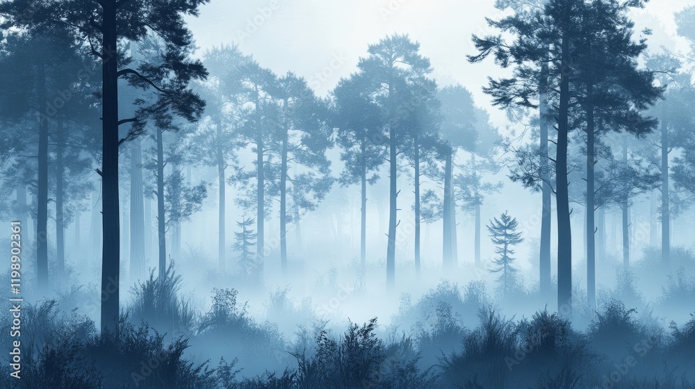 Fototapeta premium Misty landscape with fir forest in hipster vintage retro style