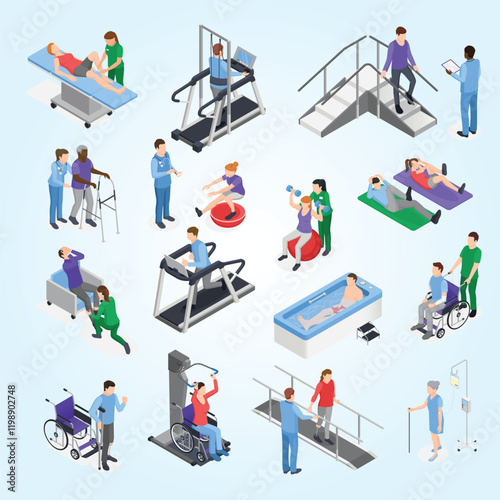Physiotherapy rehabilitation clinic isometric elements set with nursing staff treatment equipment simulators patient recovery