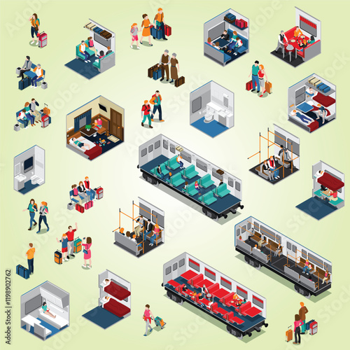 Train Interiors Metro trains Urban underground metropoliten items inside rail trains interior with places for voyagers with luggage garish vector metro trevellers Isometric Flowchart