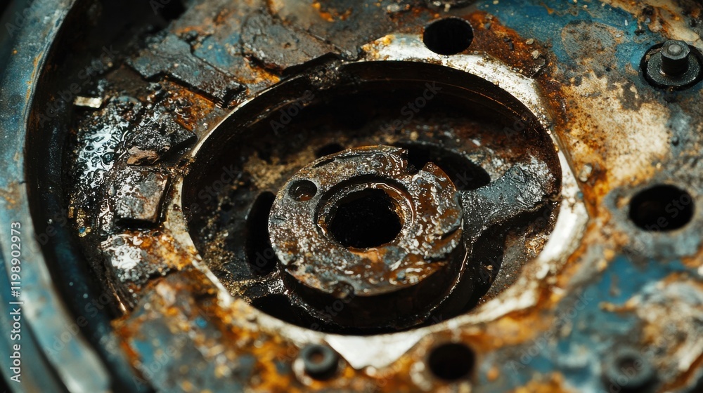 Close up of a rusted mechanical component displaying intricate details and textures of decay on an abandoned machinery part Close up of a rusted mechanical component displaying intricate details and textures of decay on an abandoned machinery part