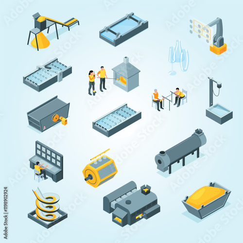 Glass production isometric set of equipment for washing and sifting sand blowing glass pulling out and cutting isolated vector illustration