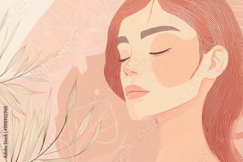 an intricate drawing illustration of a woman female face on a blush pink background with botanical elements
