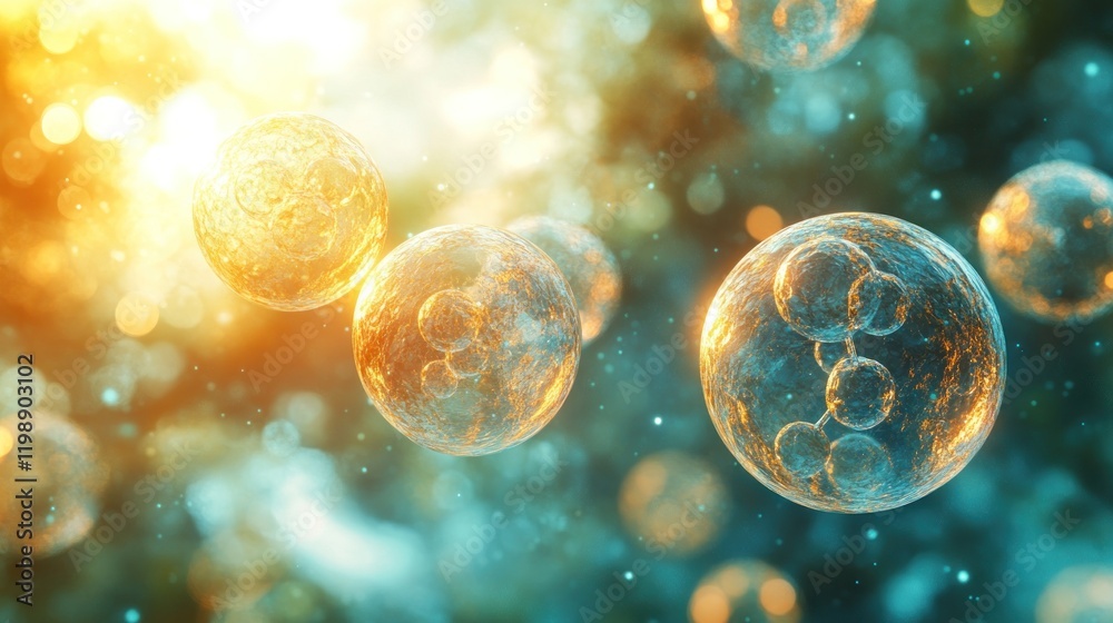 Naklejka premium Microscopic spheres glowing in vibrant colors.