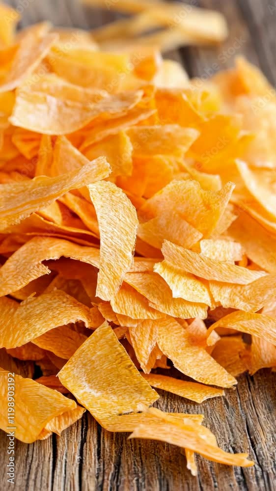 Bright orange sweet potato chips piled on a rustic wooden table, showcasing their crunchy texture and vibrant color Bright orange sweet potato chips piled on a rustic wooden table, showcasing their crunchy texture and vibrant color