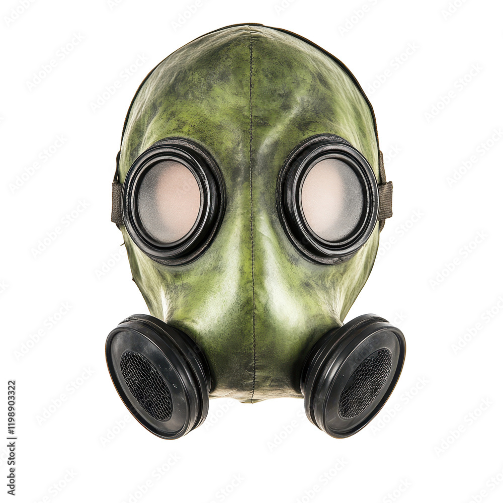 Green Gas Mask: A weathered green gas mask with two large round filters and clear eye pieces sits isolated in a stark composition. Its utilitarian design evokes a sense of safety and protection. Green Gas Mask: A weathered green gas mask with two large round filters and clear eye pieces sits isolated in a stark composition. Its utilitarian design evokes a sense of safety and protection.
