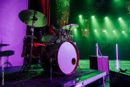 Vibrant Drum Set on Stage with Lights photo