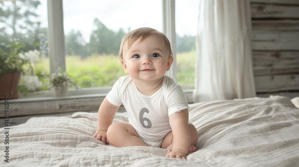 A cheerful baby wearing a onesie with the number six sits happily on a cozy blanket. The child is surrounded by soft natural light coming through a large window A cheerful baby wearing a onesie with the number six sits happily on a cozy blanket. The child is surrounded by soft natural light coming through a large window