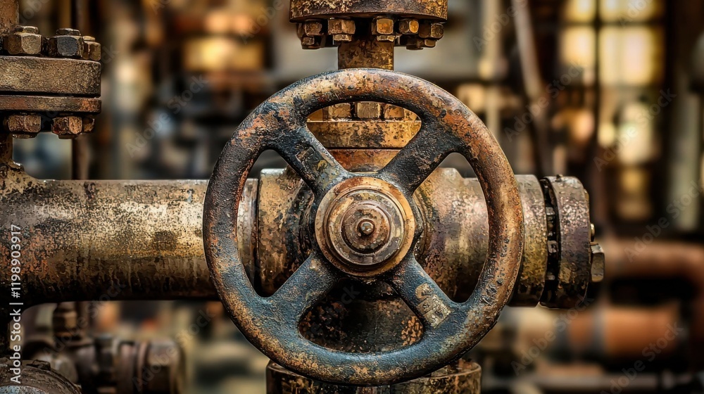 Close up of a rusty industrial valve wheel with intricate details against a blurred background of an abandoned factory Close up of a rusty industrial valve wheel with intricate details against a blurred background of an abandoned factory