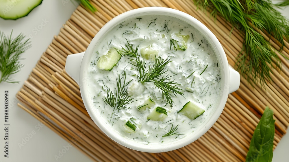 A chilled cucumber soup in a sleek white bowl, topped with dill and cream, with bamboo mat and taken from an elegant top-down view. A chilled cucumber soup in a sleek white bowl, topped with dill and cream, with bamboo mat and taken from an elegant top-down view.