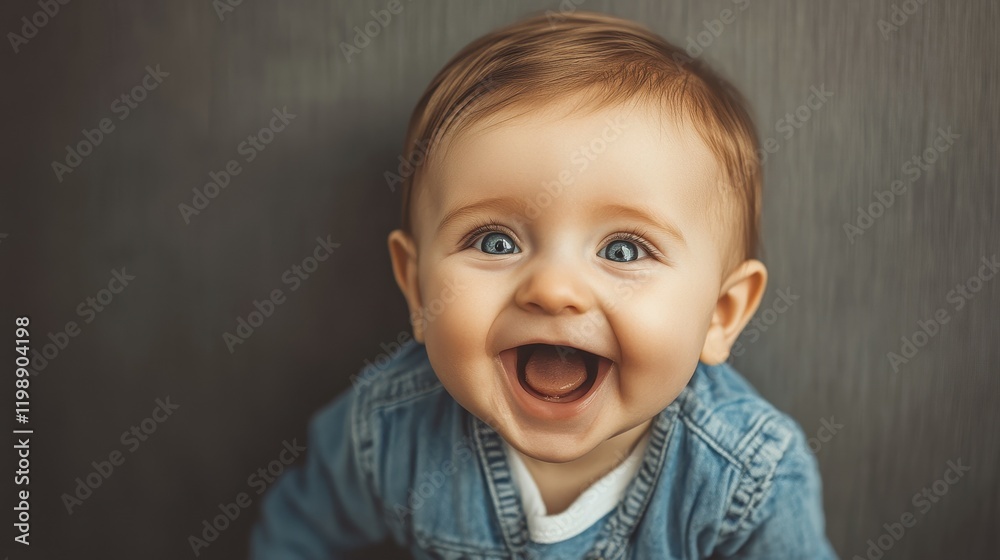 A cheerful baby with sparkling blue eyes laughs aloud, showcasing a healthy smile. Dressed in a cozy denim jacket, the child sits against a soft, neutral backdrop, exuding happiness A cheerful baby with sparkling blue eyes laughs aloud, showcasing a healthy smile. Dressed in a cozy denim jacket, the child sits against a soft, neutral backdrop, exuding happiness