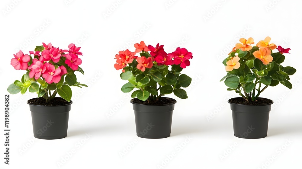 Three potted flowering plants in vibrant colors arranged on a white background. Three potted flowering plants in vibrant colors arranged on a white background.