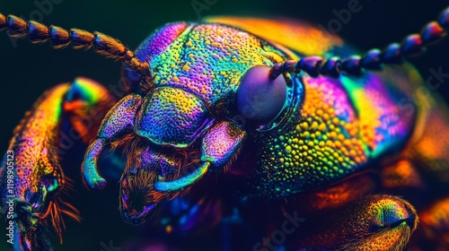 A close-up view of a beetle's iridescent exoskeleton.