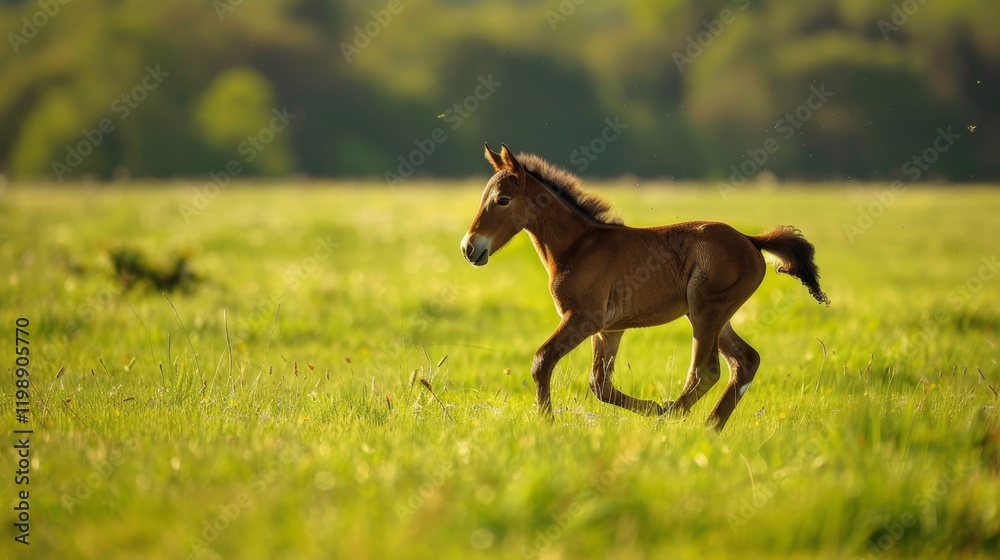 Small foal joyfully running through a lush green field Small foal joyfully running through a lush green field