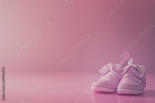 Small shoes in soft pink mist background convey tenderness and femininity.