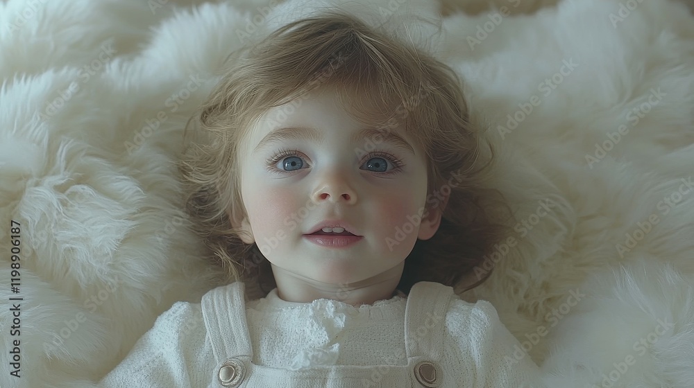 A joyful young child with curly hair and bright blue eyes is lying on a fluffy white fur blanket. The soft indoor lighting enhances the cozy atmosphere A joyful young child with curly hair and bright blue eyes is lying on a fluffy white fur blanket. The soft indoor lighting enhances the cozy atmosphere
