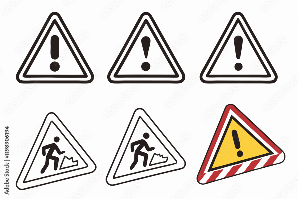 Warning signs, triangular icons, exclamation marks, caution symbols, danger alerts, black and white, yellow and red, attention graphics, safety emblems, hazard indicators, simple shapes, bold colors, Warning signs, triangular icons, exclamation marks, caution symbols, danger alerts, black and white, yellow and red, attention graphics, safety emblems, hazard indicators, simple shapes, bold colors,