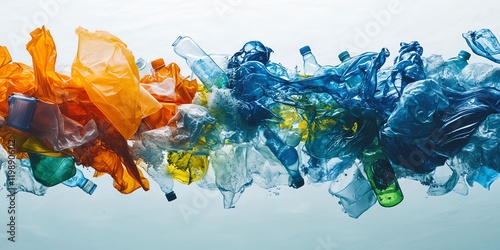Underwater plastic pollution bottles, bags, and debris swirling in ocean currents. photo