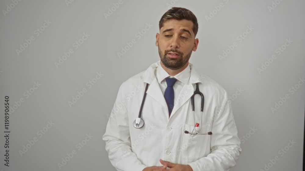 Doctor explaining medical concept with serious expression in a white coat on plain background man professional healthcare standing confident stethoscope isolated Doctor explaining medical concept with serious expression in a white coat on plain background man professional healthcare standing confident stethoscope isolated