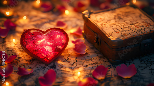 heart-shaped candle on a wooden background, Valentine’s Day treasure hunt scene with a red heart-shaped chest surrounded by scattered rose petals