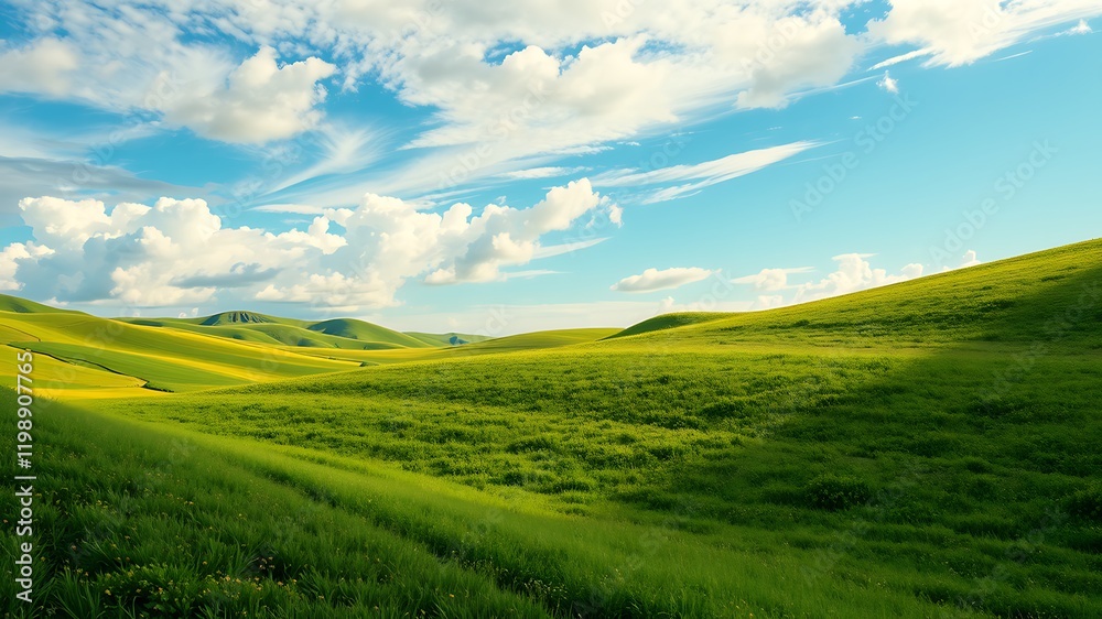 Fototapeta premium Rolling green hills and yellow fields under a vivid blue sky with fluffy white clouds on a sunny day, a serene landscape photograph.