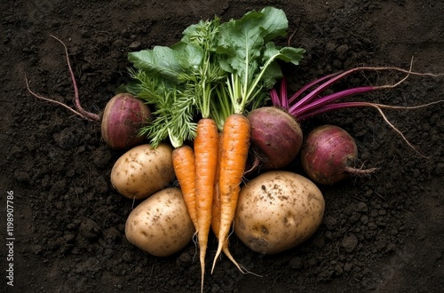 Fresh raw carrot, beetroot and potatoes on soil in garden. Organic vegetables background photo