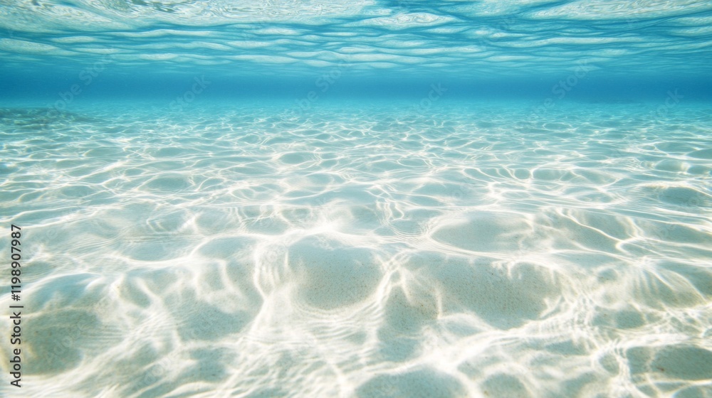 Naklejka premium Underwater View of Sandy Seabed with Rippling Sunlight