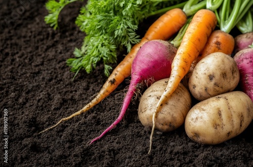 Fresh raw carrot, beetroot and potatoes on soil in garden. Organic vegetables background photo