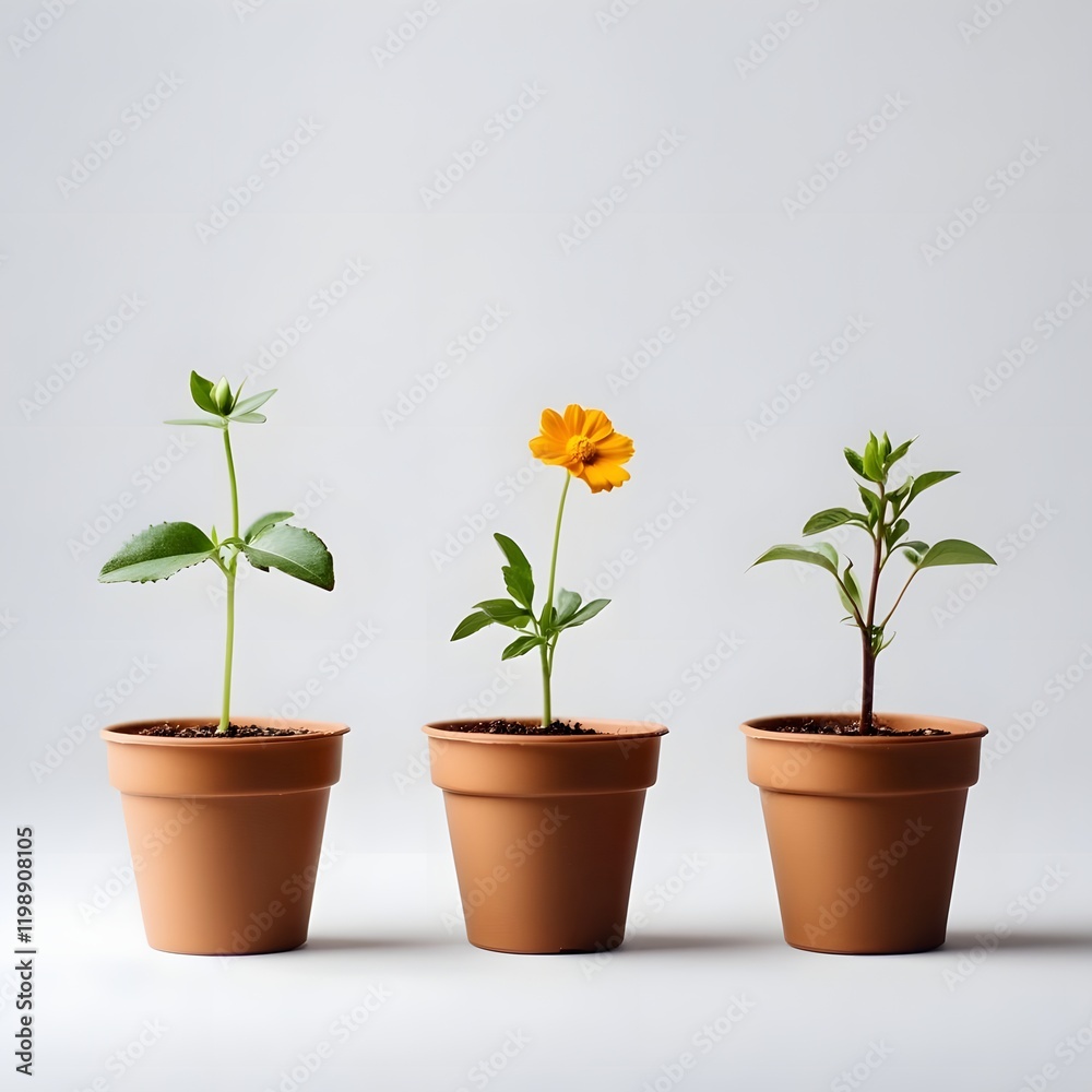 Obraz premium Three potted plants at different growth stages against a light background.