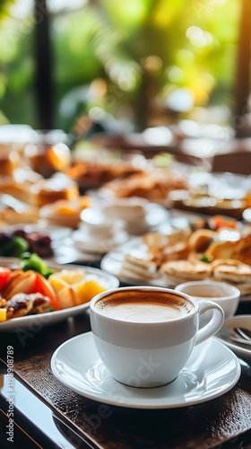 Close up of cup of coffee and buffet breakfast