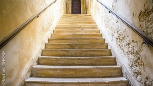 A set of worn stone steps ascends towards a wooden door, framed by weathered walls in a historic location, illuminated by soft natural light