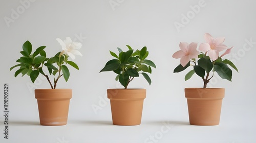 Wallpaper Mural Three potted plants with white and pink flowers against a neutral background. Torontodigital.ca