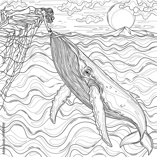 A girl touches a whale in the ocean.Coloring book antistress for children and adults.