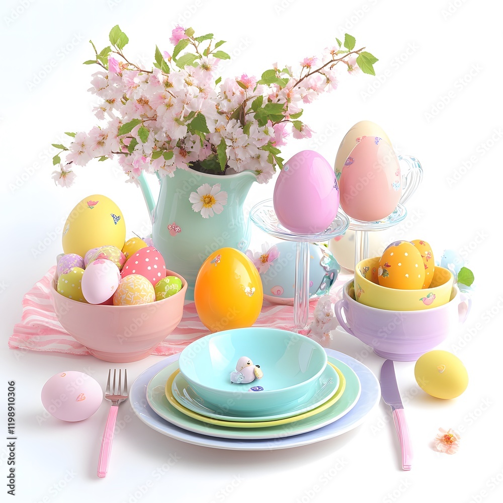 An Easter feast setting with colorful dishes, pastel decorations, and fresh flowers An Easter feast setting with colorful dishes, pastel decorations, and fresh flowers