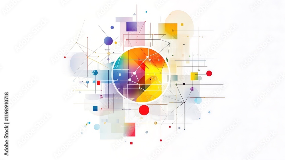 An abstract minimalist logo presented in a circular format, constructed from various geometric shapes that suggest connectivity and digital advancement. The logo is strategically positioned on a An abstract minimalist logo presented in a circular format, constructed from various geometric shapes that suggest connectivity and digital advancement. The logo is strategically positioned on a