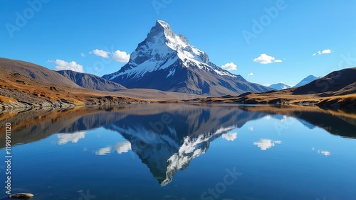 Captivating panorama of the iconic Matterhorn dominating the Swiss Alps. Serene lake foreground enhances the majestic beauty of this renowned peak, nestled within Zermatt's stunning landscape photo