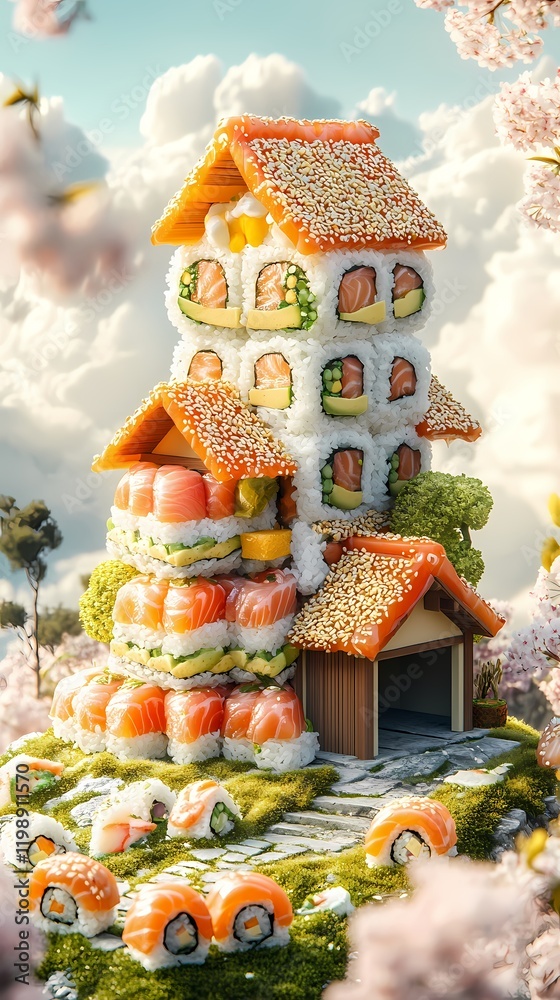 Naklejka premium Creative sushi building made from various sushi types surrounded by cherry blossoms on a sunny day