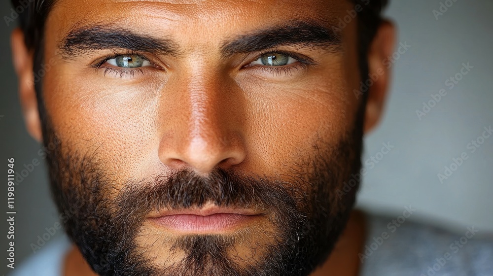 Obraz premium A young man with deep green eyes and a thick beard poses confidently, highlighting his facial features. The close-up emphasizes his intense gaze and strong jawline