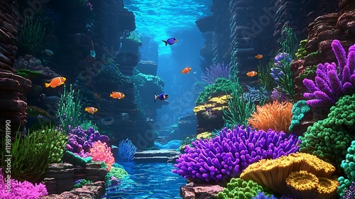 Fototapeta Naklejka Na Ścianę i Meble -  Vibrant coral reef canyon, underwater scene, fish swimming, background ocean