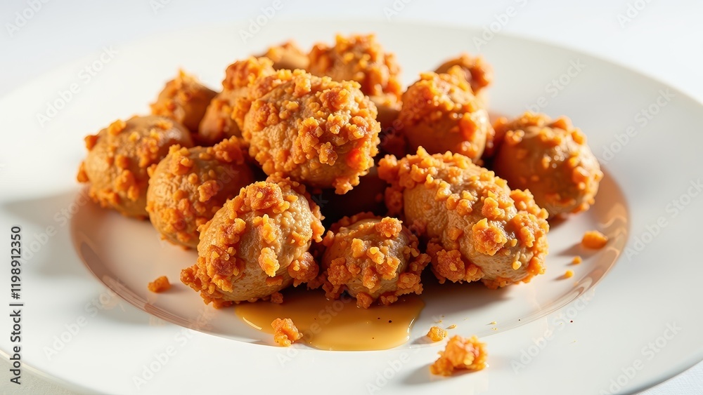 Crumb-crafted meatballs, light brown and tender, artfully arranged on a pristine white plate, showcasing their delicate, crumbly texture Crumb-crafted meatballs, light brown and tender, artfully arranged on a pristine white plate, showcasing their delicate, crumbly texture