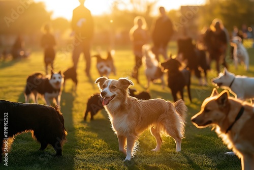 Dog trainers of traditional and modern methods are seen interacting with their pets in a vibrant urban park during golden hour, creating emotional bonds in a joyful atmosphere photo