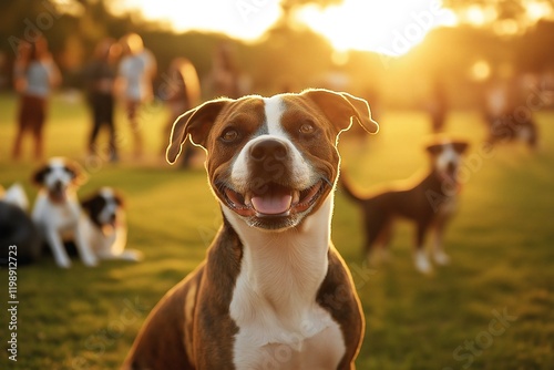 Trainers and dog owners engage in various activities at a pet park during the golden hour, showcasing a blend of traditional and modern training methods while dogs play joyfully photo