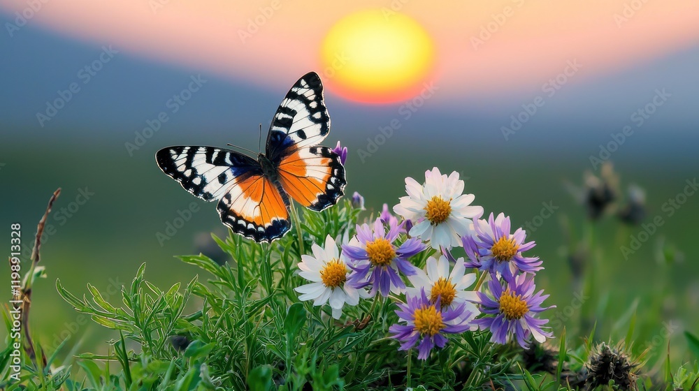 A butterfly rests on flowers with a sunset in the background. A butterfly rests on flowers with a sunset in the background.