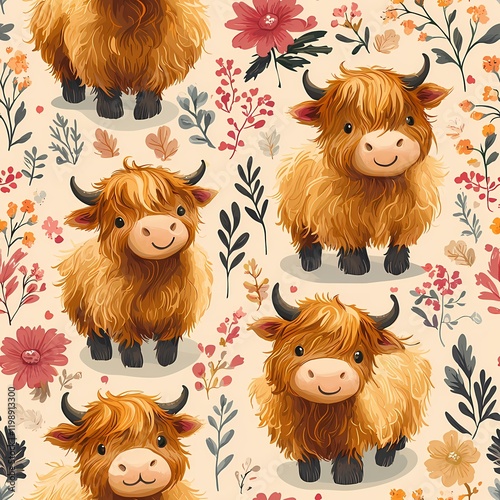 Cute Highland cows surrounded by colorful floral patterns, perfect for children's decor or themed projects