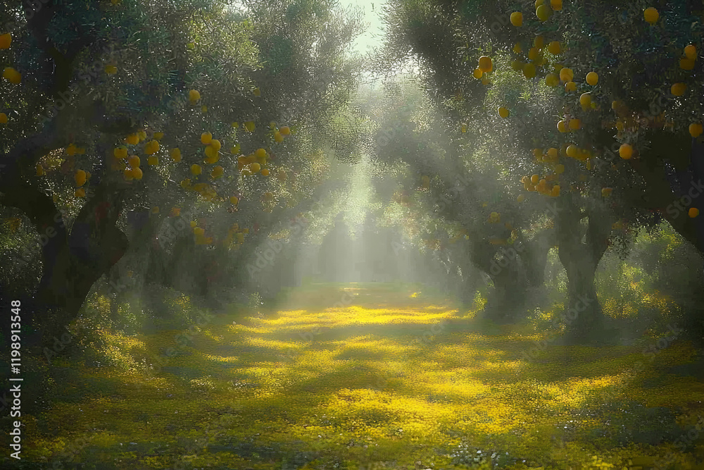 Sunlit orchard path, misty grove, citrus Sunlit orchard path, misty grove, citrus