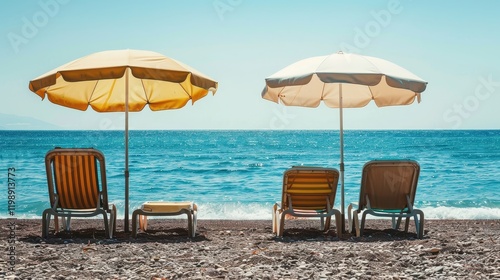 Wallpaper Mural Empty sun loungers under umbrellas on a peaceful beach scene. Torontodigital.ca