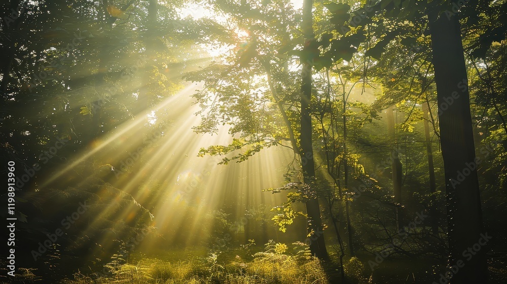 Fototapeta premium Sunlight Filtering Through a Tranquil Forest Canopy